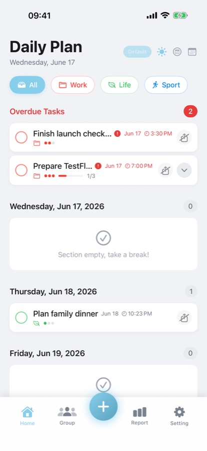 Plando daily task list with categories, overdue tasks, and due dates